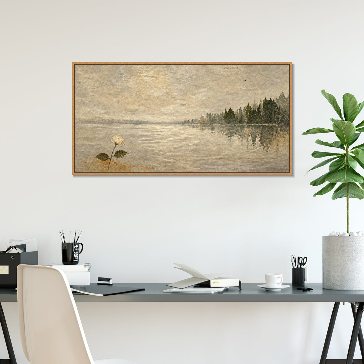 INVIN ART Framed Canvas 100% Handpainted Oil Painting One Flower by the Lake Wall Art