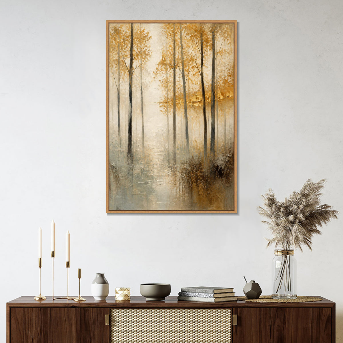 INVIN ART Framed Canvas 100% Handpainted Oil Painting Golden Leaves in Mist Wall Art