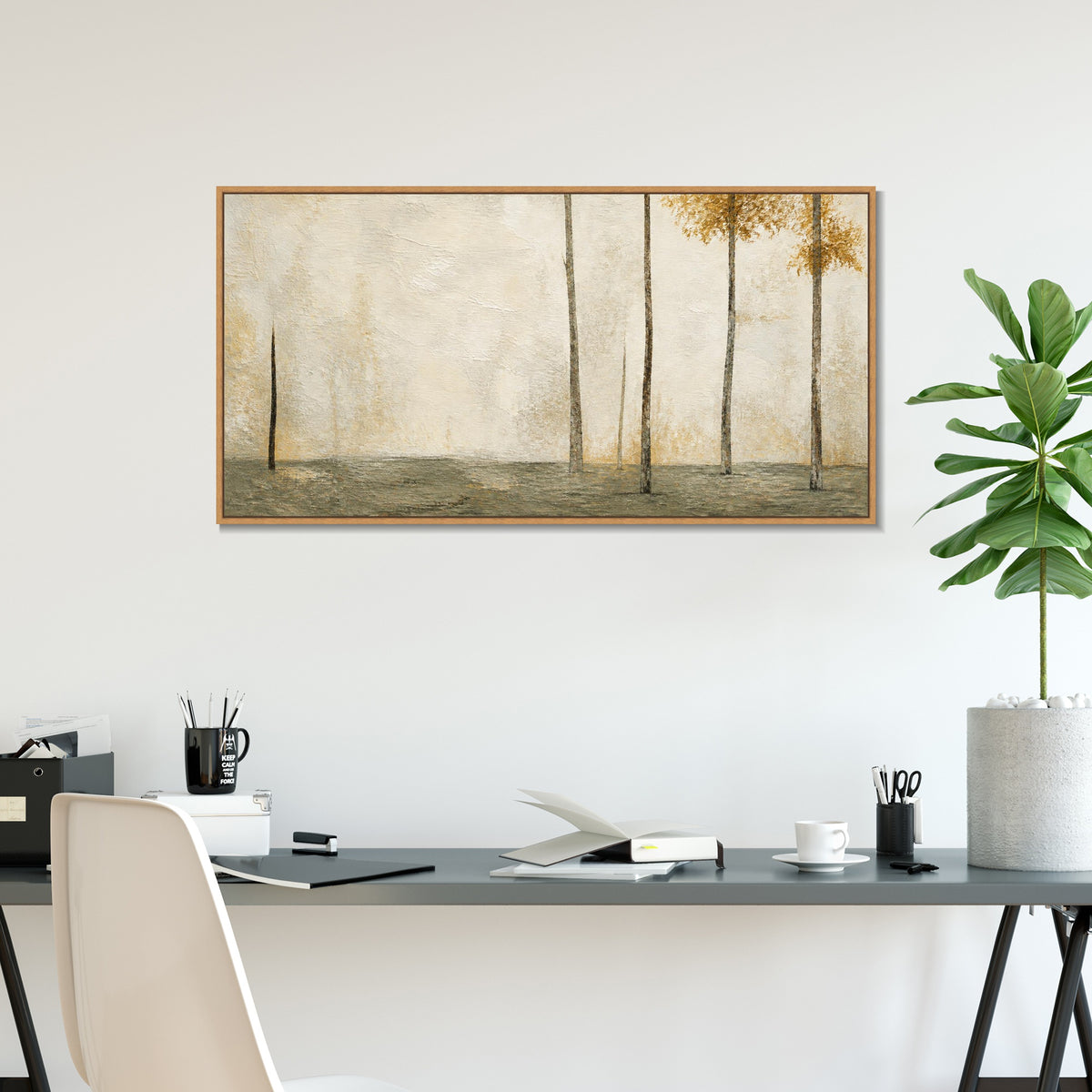 INVIN ART Framed Canvas 100% Handpainted Oil Painting Sparse Trees in Pale Gold Wall Art