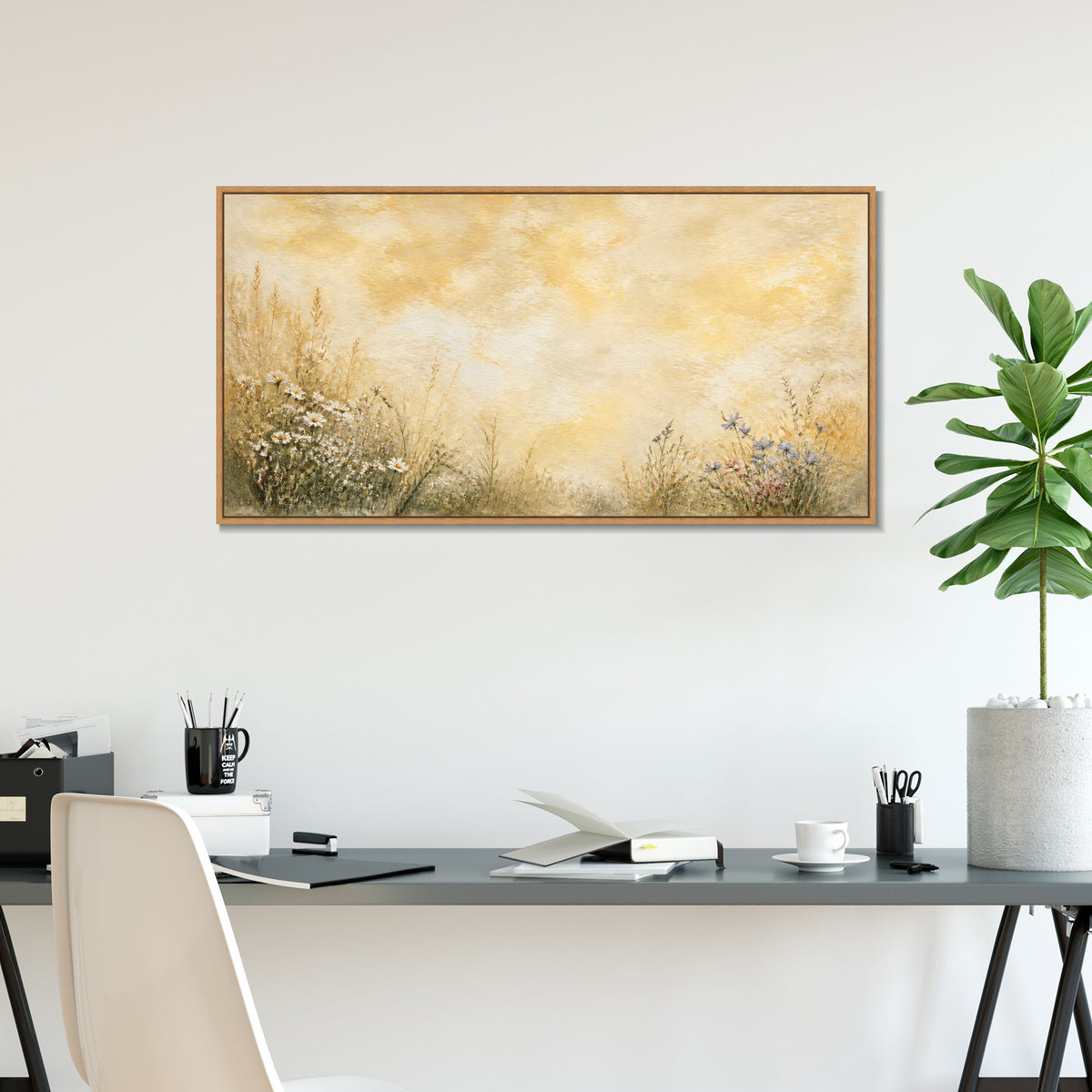 INVIN ART Framed Canvas 100% Handpainted Oil Painting Flowers Beneath Golden Clouds Wall Art