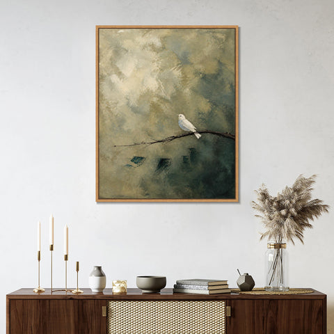 INVIN ART Framed Canvas 100% Handpainted Oil Painting White Bird on a Branch Wall Art