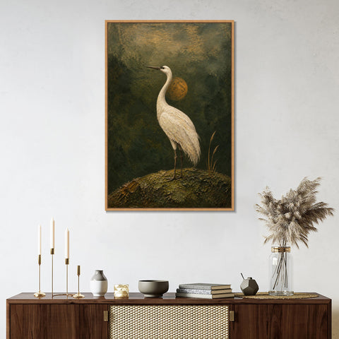 INVIN ART Framed Canvas 100% Handpainted Oil Painting Crane at Dusk Minimal Bird Landscape Wall Art