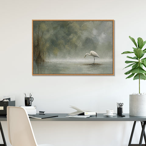 INVIN ART Framed Canvas 100% Handpainted Oil Painting Heron in Mist Minimal Bird Landscape Wall Art