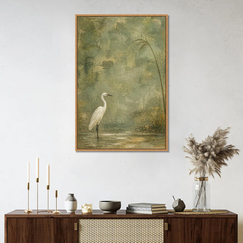 INVIN ART Framed Canvas 100% Handpainted Oil Painting White Heron Beneath a Reed Wall Art