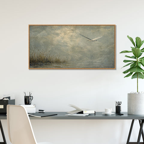 INVIN ART Framed Canvas 100% Handpainted Oil Painting Bird Above the Reed Shore Wall Art
