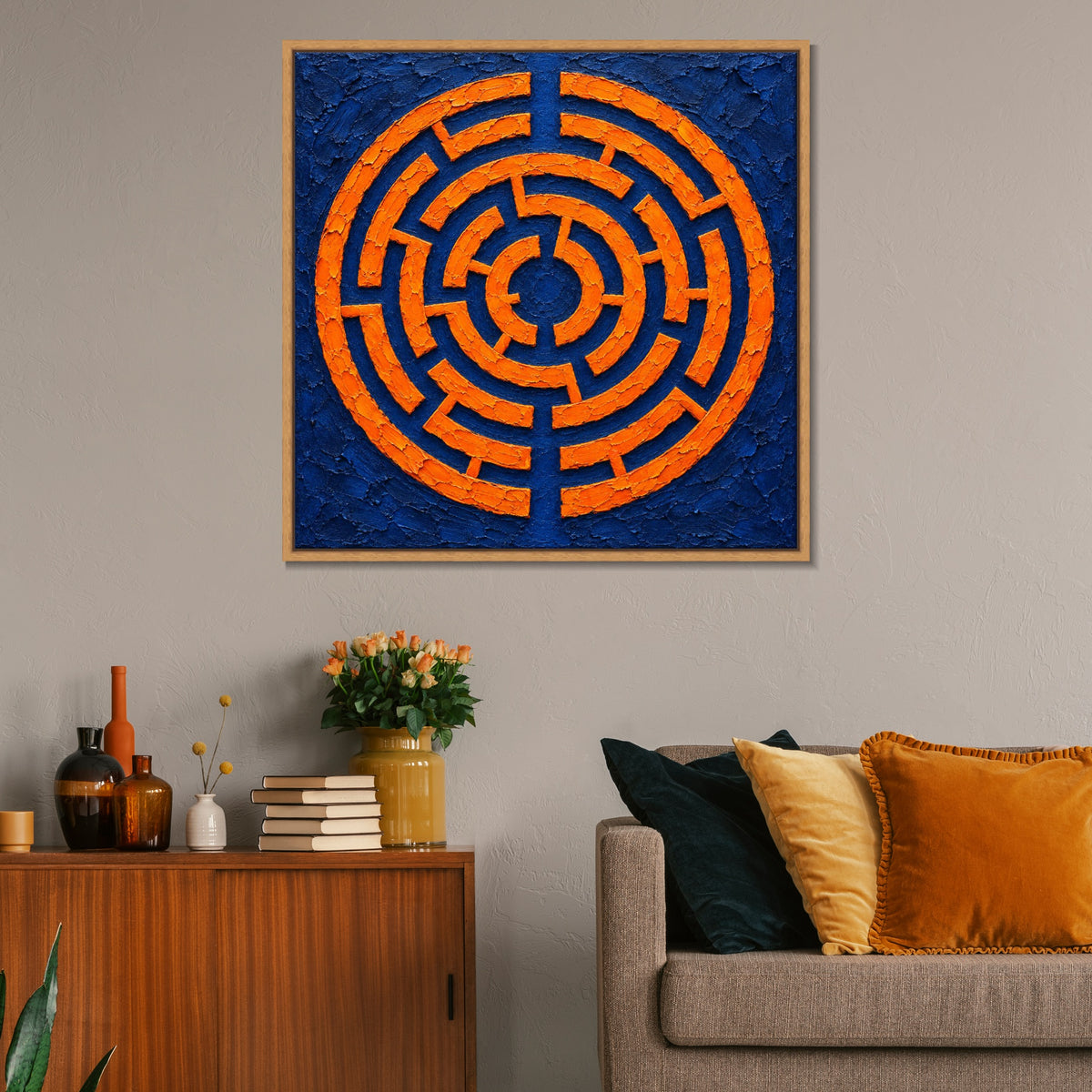 INVIN ART Framed Canvas 100% Handpainted Oil Painting Orange Maze on Indigo Wall Art