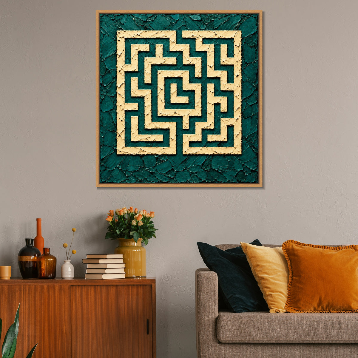 INVIN ART Framed Canvas 100% Handpainted Oil Painting Ivory Maze on Teal Wall Art