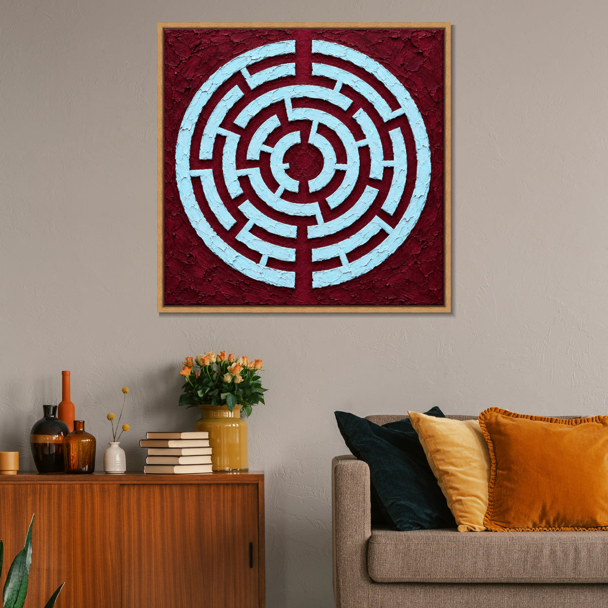 INVIN ART Framed Canvas 100% Handpainted Oil Painting Ice Blue Maze on Burgundy Wall Art