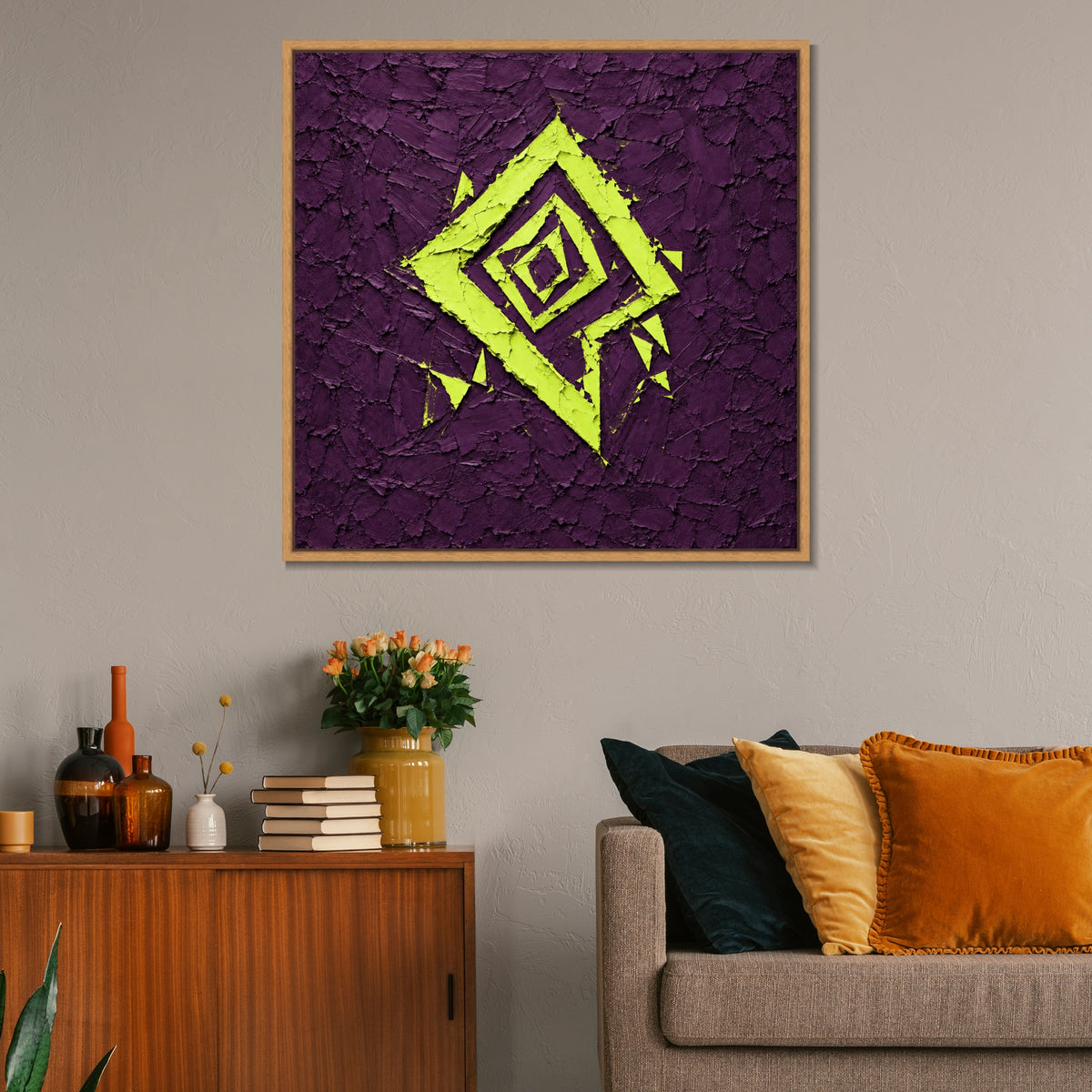 INVIN ART Framed Canvas 100% Handpainted Oil Painting Lime Diamond on Purple Wall Art
