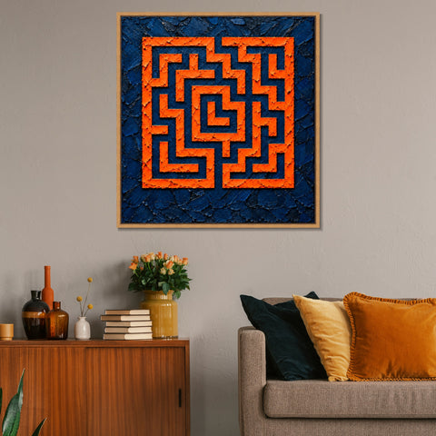 INVIN ART Framed Canvas 100% Handpainted Oil Painting Orange Square Maze Wall Art