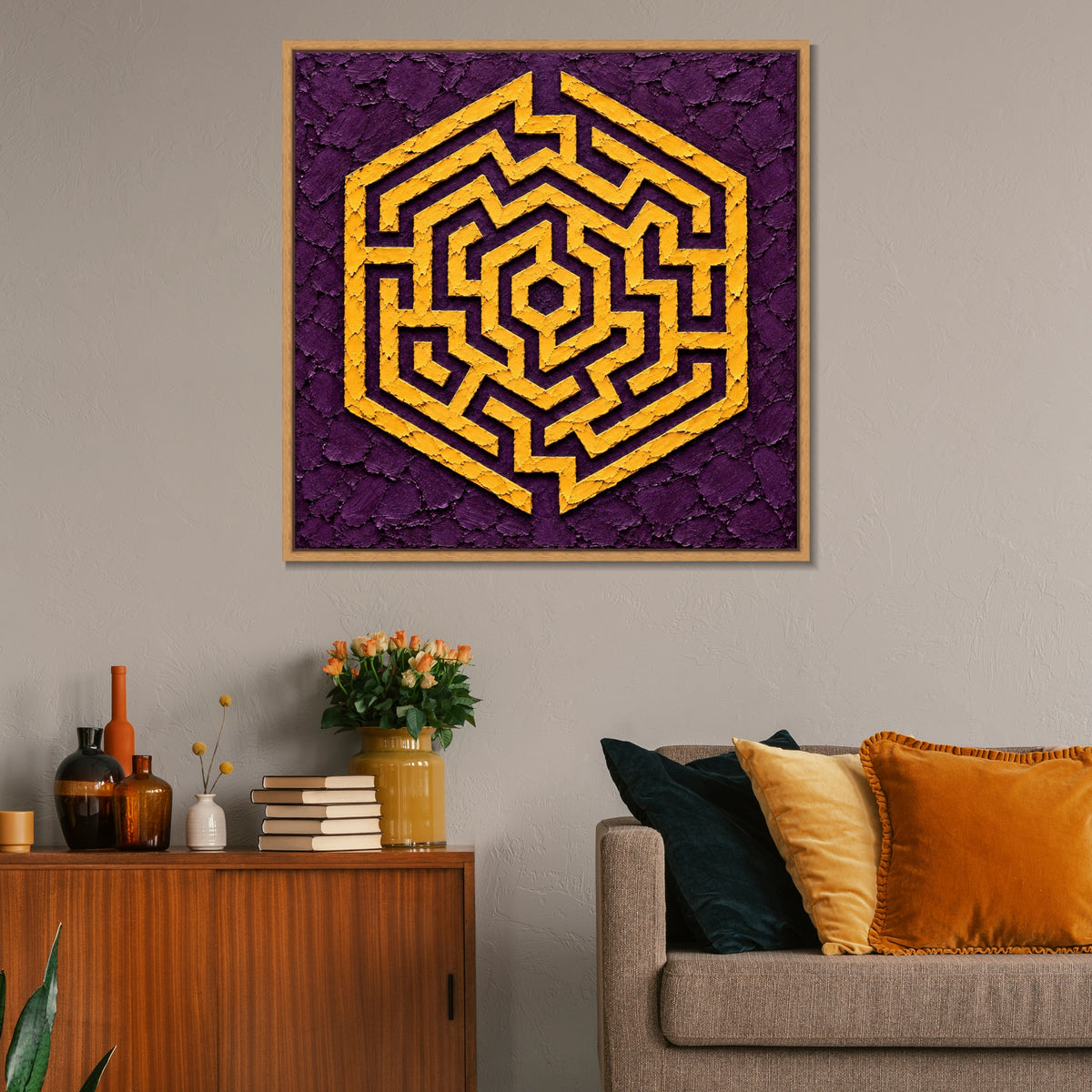 INVIN ART Framed Canvas 100% Handpainted Oil Painting Golden Hexagon Maze Wall Art