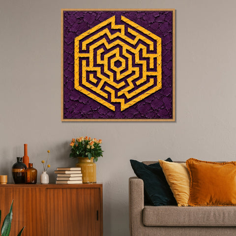 INVIN ART Framed Canvas 100% Handpainted Oil Painting Golden Hexagon Maze Wall Art