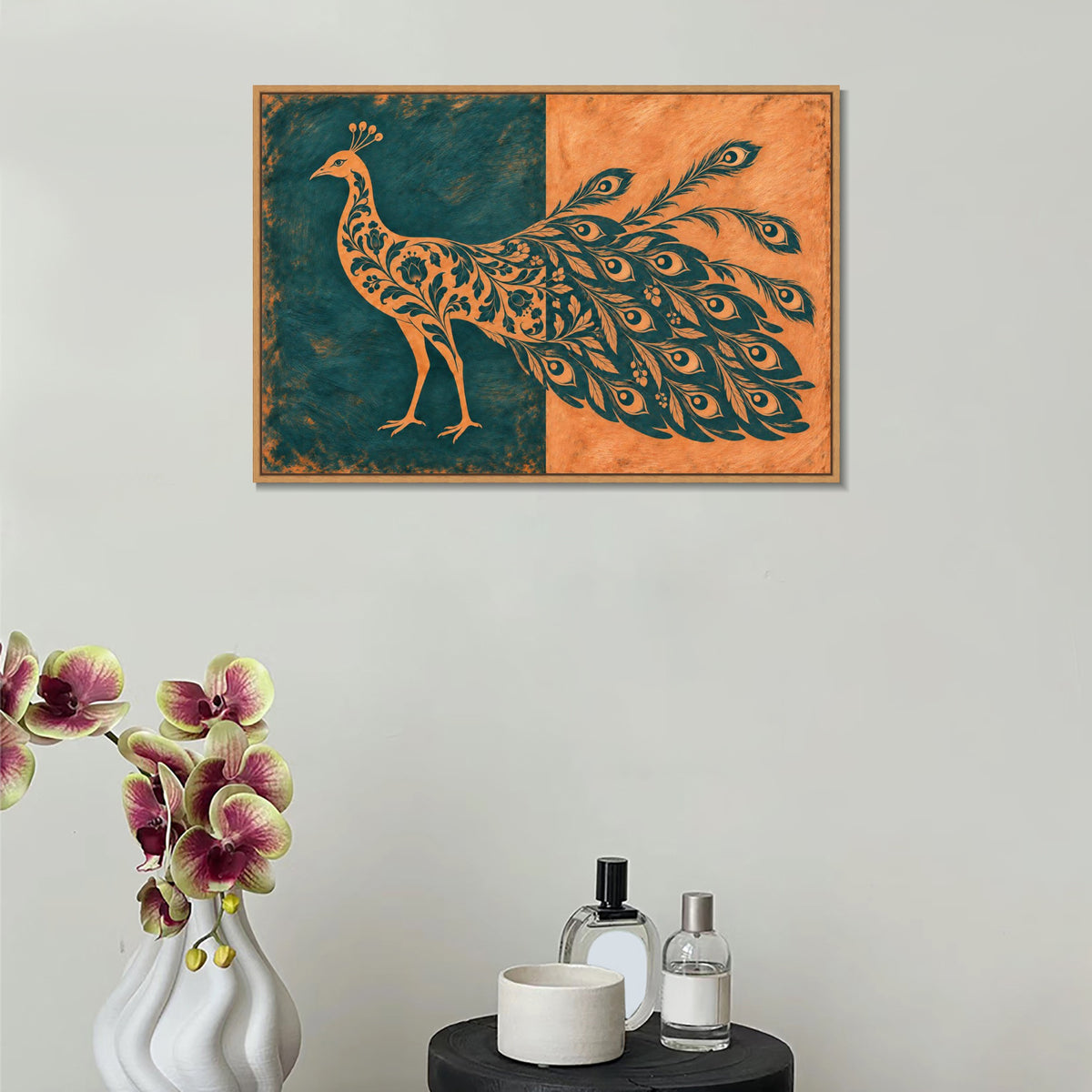 INVIN ART Framed Canvas 100% Handpainted Oil Painting Teal and Peach Peacock Wall Art