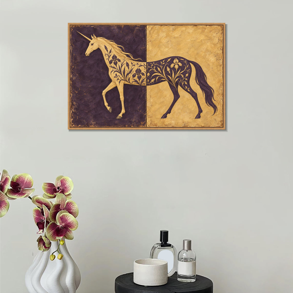 INVIN ART Framed Canvas 100% Handpainted Oil Painting Unicorn in Plum and Gold Wall Art