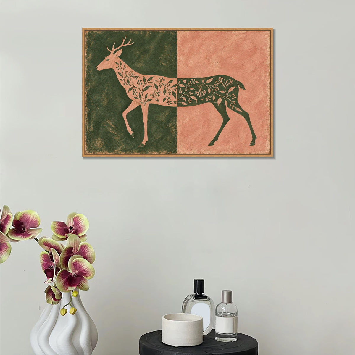 INVIN ART Framed Canvas 100% Handpainted Oil Painting Deer in Moss and Coral Wall Art