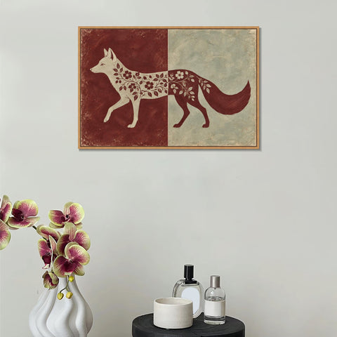 INVIN ART Framed Canvas 100% Handpainted Oil Painting Fox in Burgundy and Celadon Wall Art