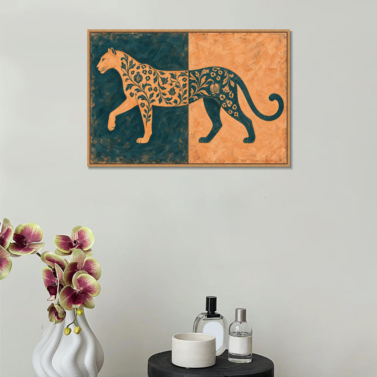 INVIN ART Framed Canvas 100% Handpainted Oil Painting Leopard in Teal and Peach Wall Art
