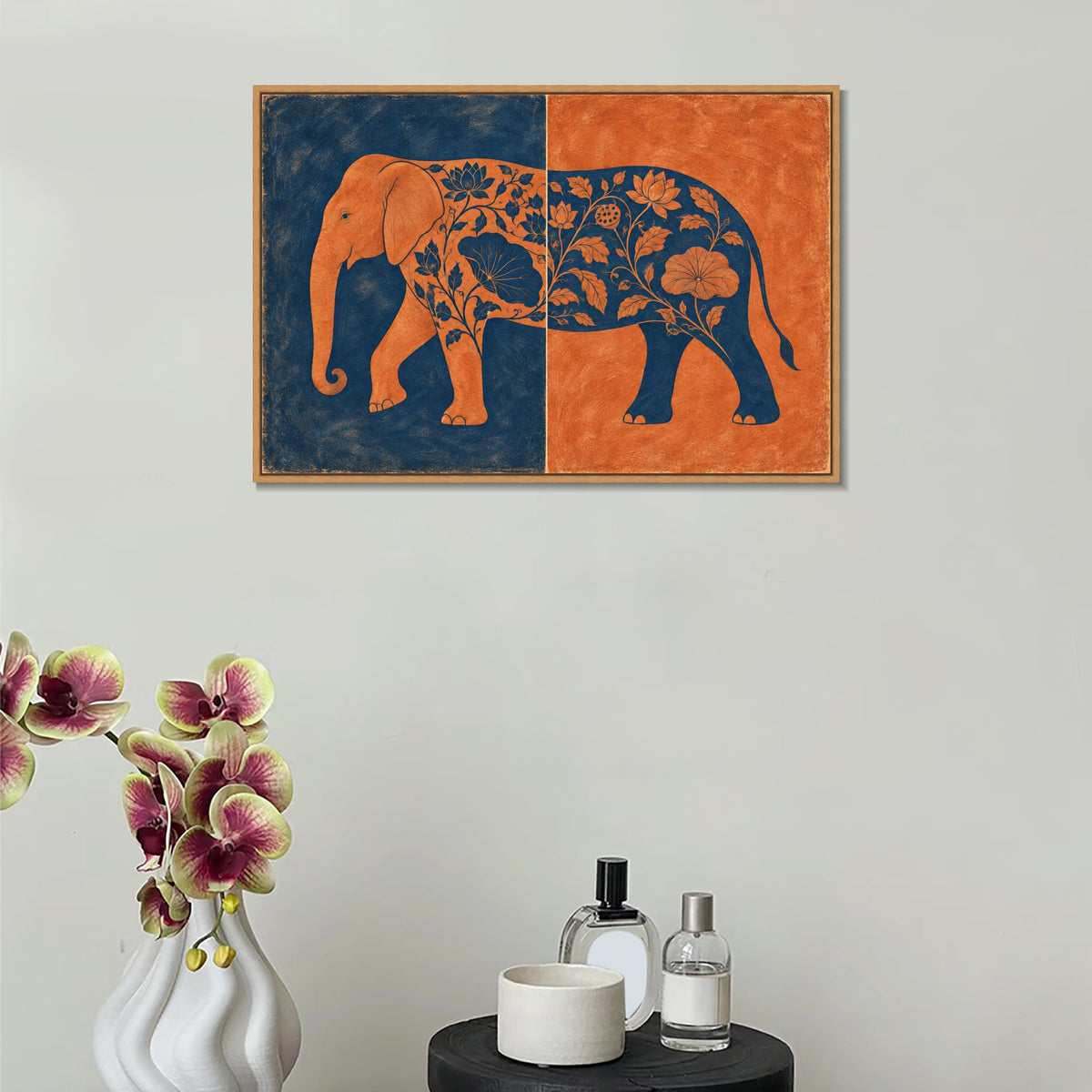 INVIN ART Framed Canvas 100% Handpainted Oil Painting Elephant in Indigo and Coral Wall Art