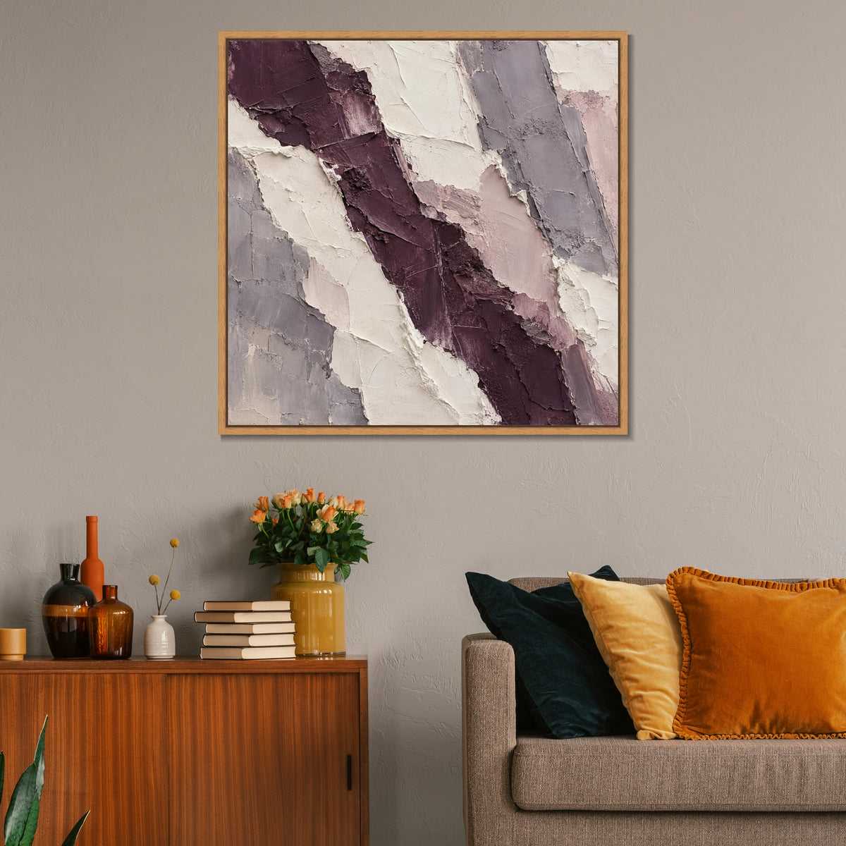 INVIN ART Framed Canvas 100% Handpainted Oil Painting Plum-Colored Strata Wall Art