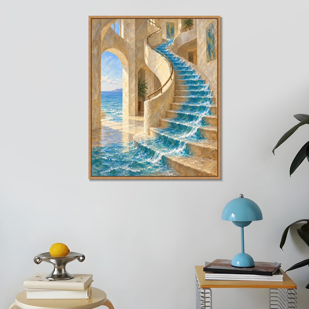 INVIN ART Framed Canvas 100% Handpainted Oil Painting The Sea on the Staircase Wall Art