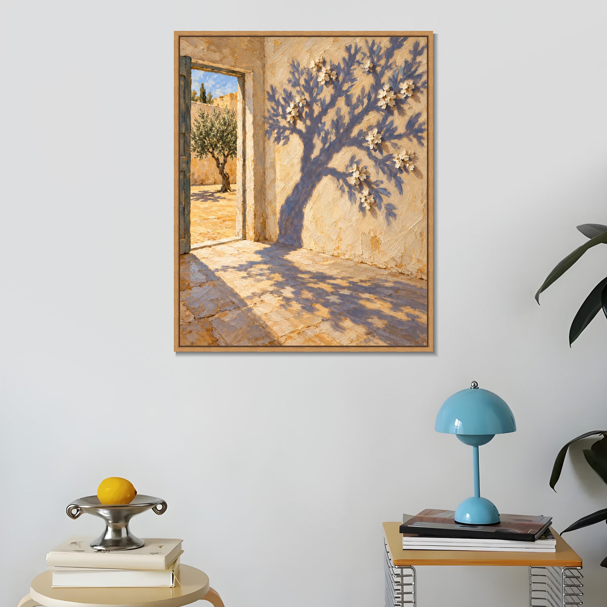 INVIN ART Framed Canvas 100% Handpainted Oil Painting A Flowering Shadow by the Door Wall Art