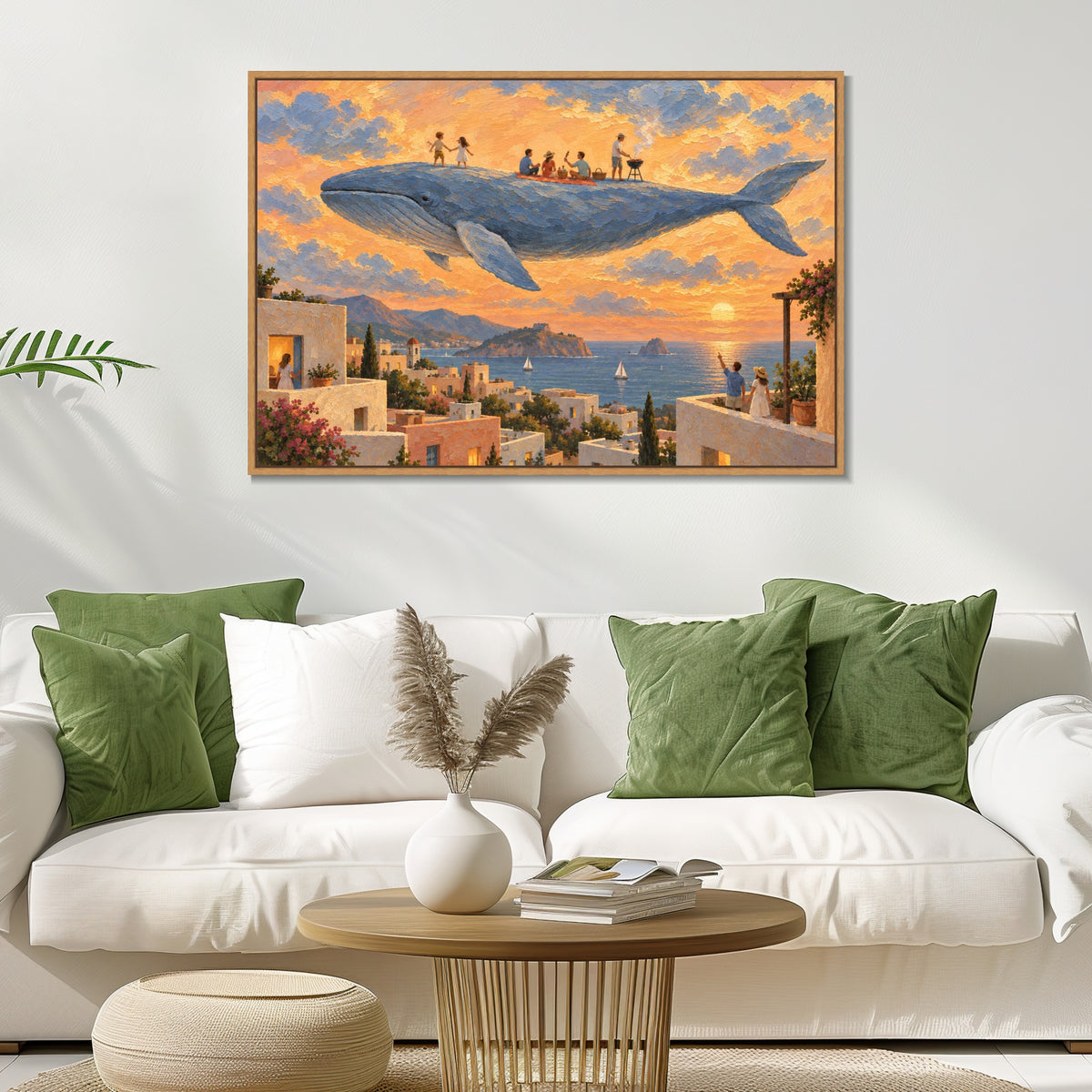INVIN ART Framed Canvas 100% Handpainted Oil Painting Gathering on the Flying Whale Wall Art