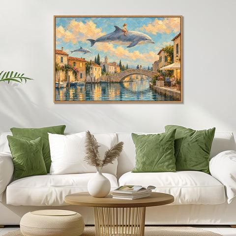 INVIN ART Framed Canvas 100% Handpainted Oil Painting Sky Dolphins Above the Canal Wall Art