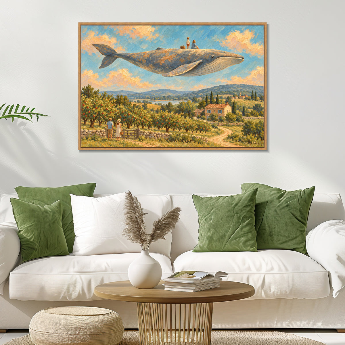 INVIN ART Framed Canvas 100% Handpainted Oil Painting Whale Above the Orchard Wall Art