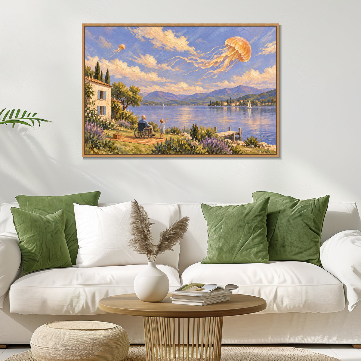 INVIN ART Framed Canvas 100% Handpainted Oil Painting Jellyfish Above the Lakeside Wall Art