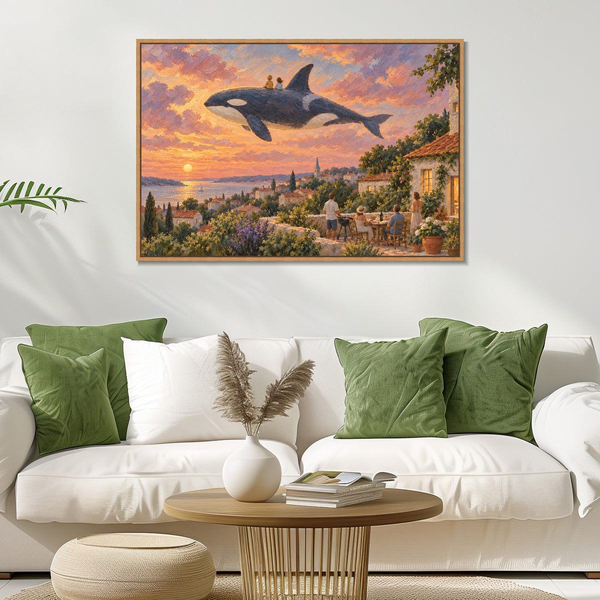 INVIN ART Framed Canvas 100% Handpainted Oil Painting Orca Above the Village Supper Wall Art
