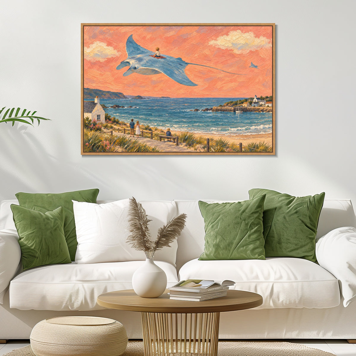 INVIN ART Framed Canvas 100% Handpainted Oil Painting Manta Ray Above the Bay Wall Art