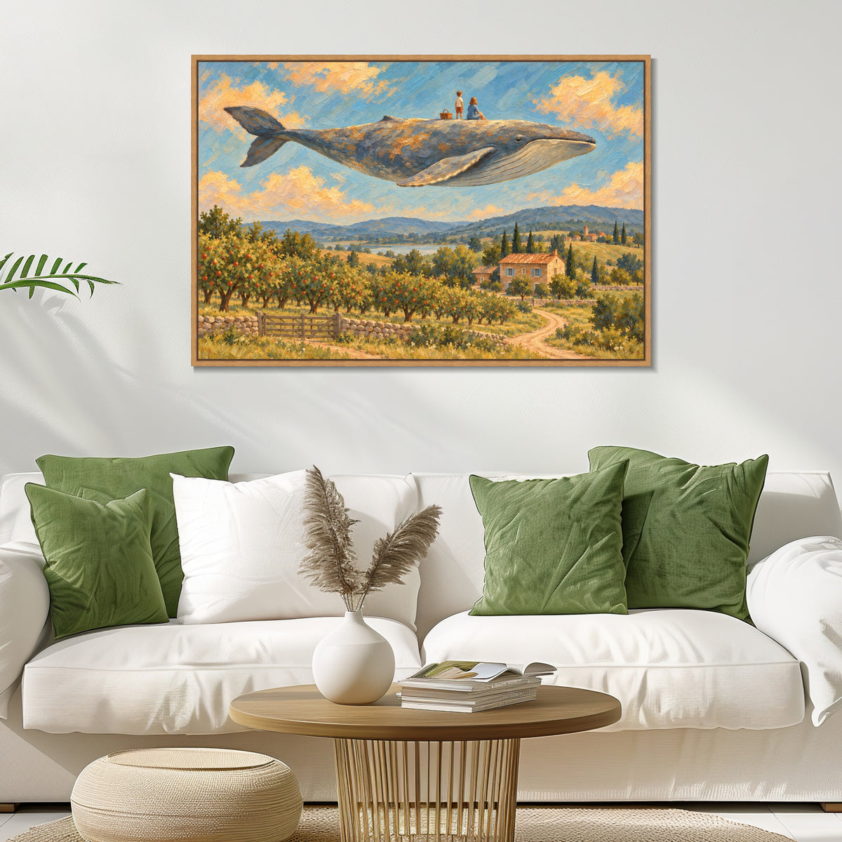 INVIN ART Framed Canvas 100% Handpainted Oil Painting Whale Above the Orchard Picnic Wall Art
