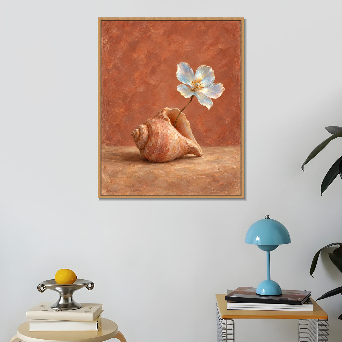 INVIN ART Framed Canvas 100% Handpainted Oil Painting A White Flower in a Shell Wall Art