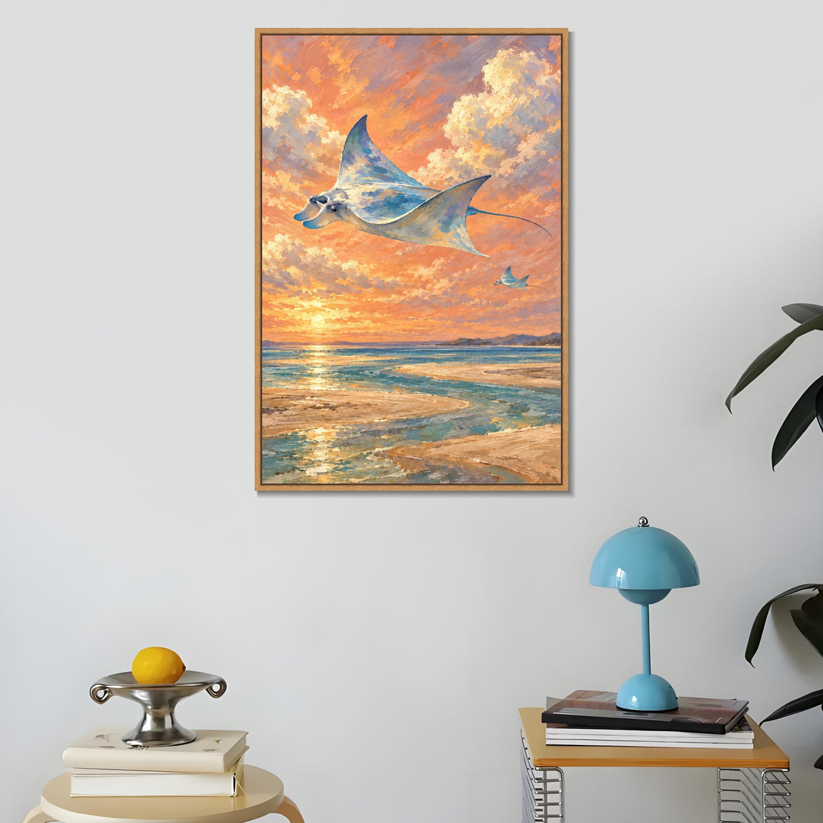INVIN ART Framed Canvas 100% Handpainted Oil Painting Manta Rays in the Sunset Sky Wall Art