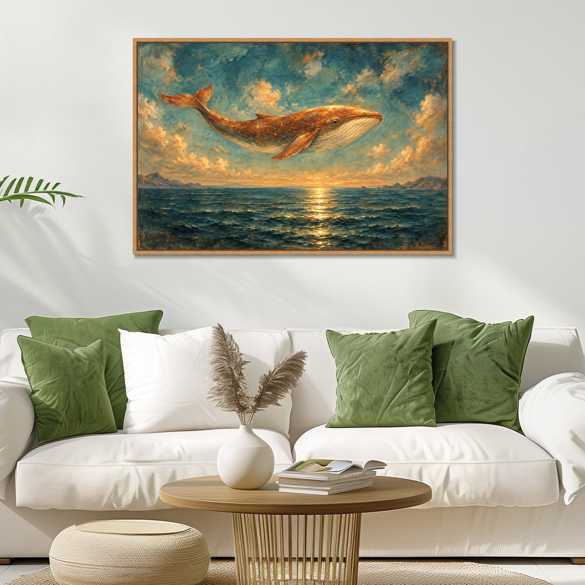 INVIN ART Framed Canvas 100% Handpainted Oil Painting Copper Whale Above the Sea Wall Art