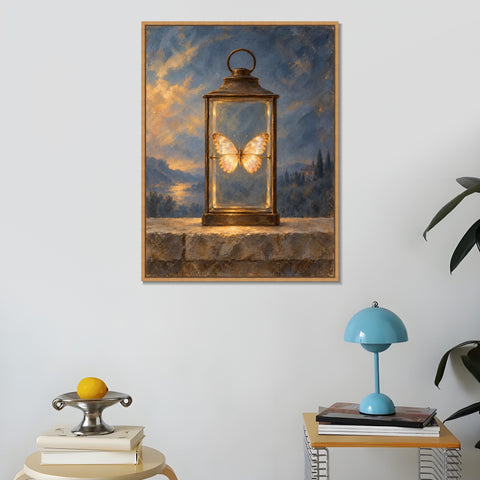 INVIN ART Framed Canvas 100% Handpainted Oil Painting Golden Butterfly in the Lantern Wall Art