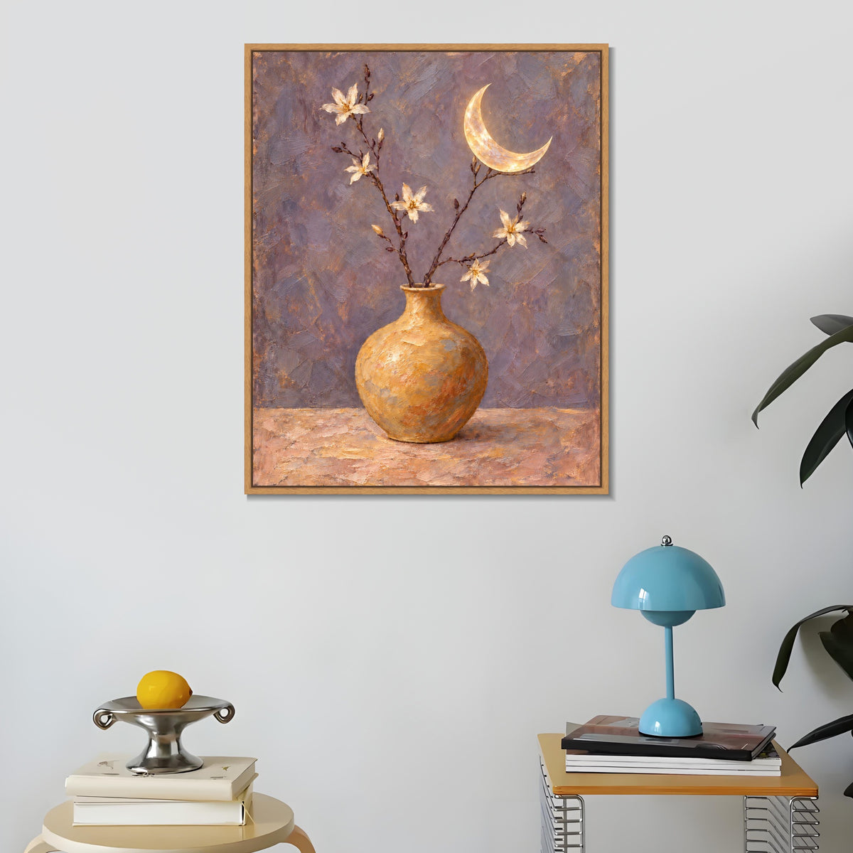 INVIN ART Framed Canvas 100% Handpainted Oil Painting Golden Moon and Flower Vase Wall Art