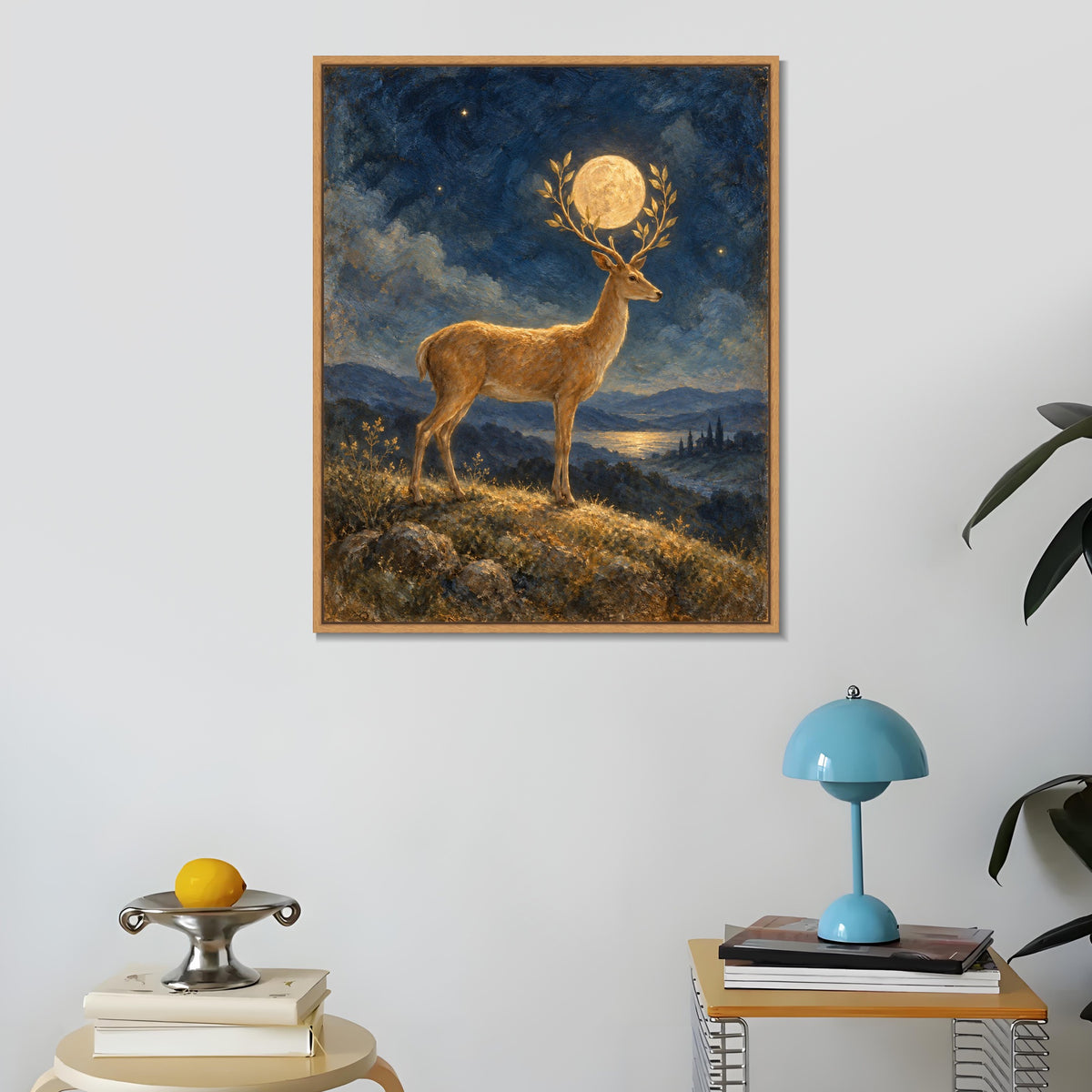 INVIN ART Framed Canvas 100% Handpainted Oil Painting Golden Deer Holding the Moon Wall Art
