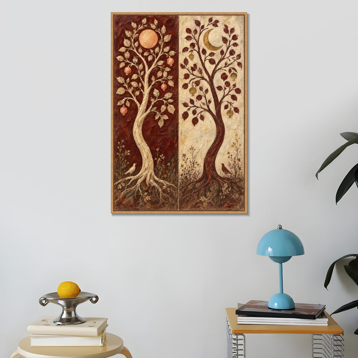 INVIN ART Framed Canvas 100% Handpainted Oil Painting Twin Trees in Burgundy and Ivory Wall Art