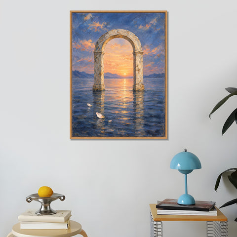 INVIN ART Framed Canvas 100% Handpainted Oil Painting Dawn Arch in Still Water Wall Art