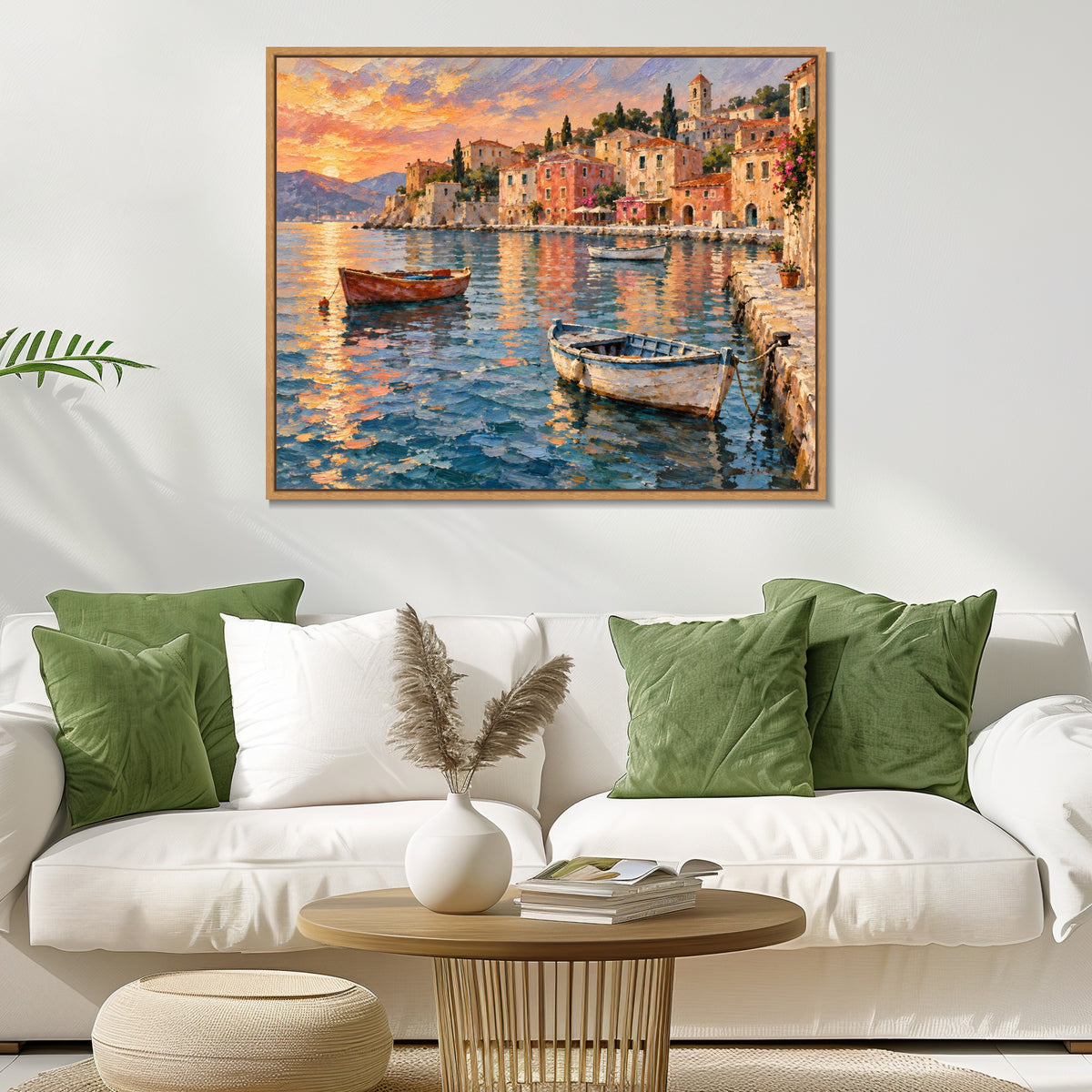 INVIN ART Framed Canvas 100% Handpainted Oil Painting Boats in the Evening Harbor Wall Art
