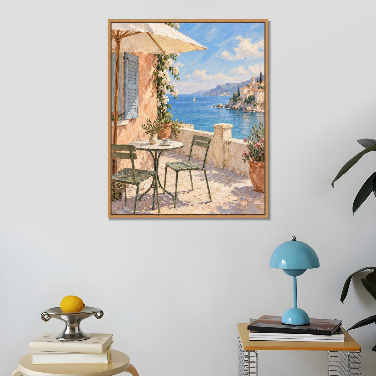 INVIN ART Framed Canvas 100% Handpainted Oil Painting Afternoon on the Coastal Terrace Wall Art