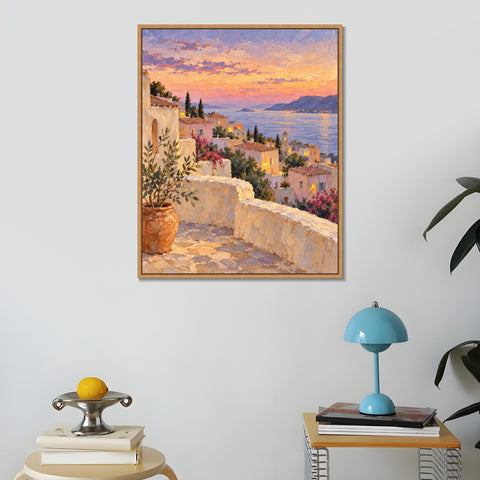 INVIN ART Framed Canvas 100% Handpainted Oil Painting Terraced Town at Sunset Wall Art