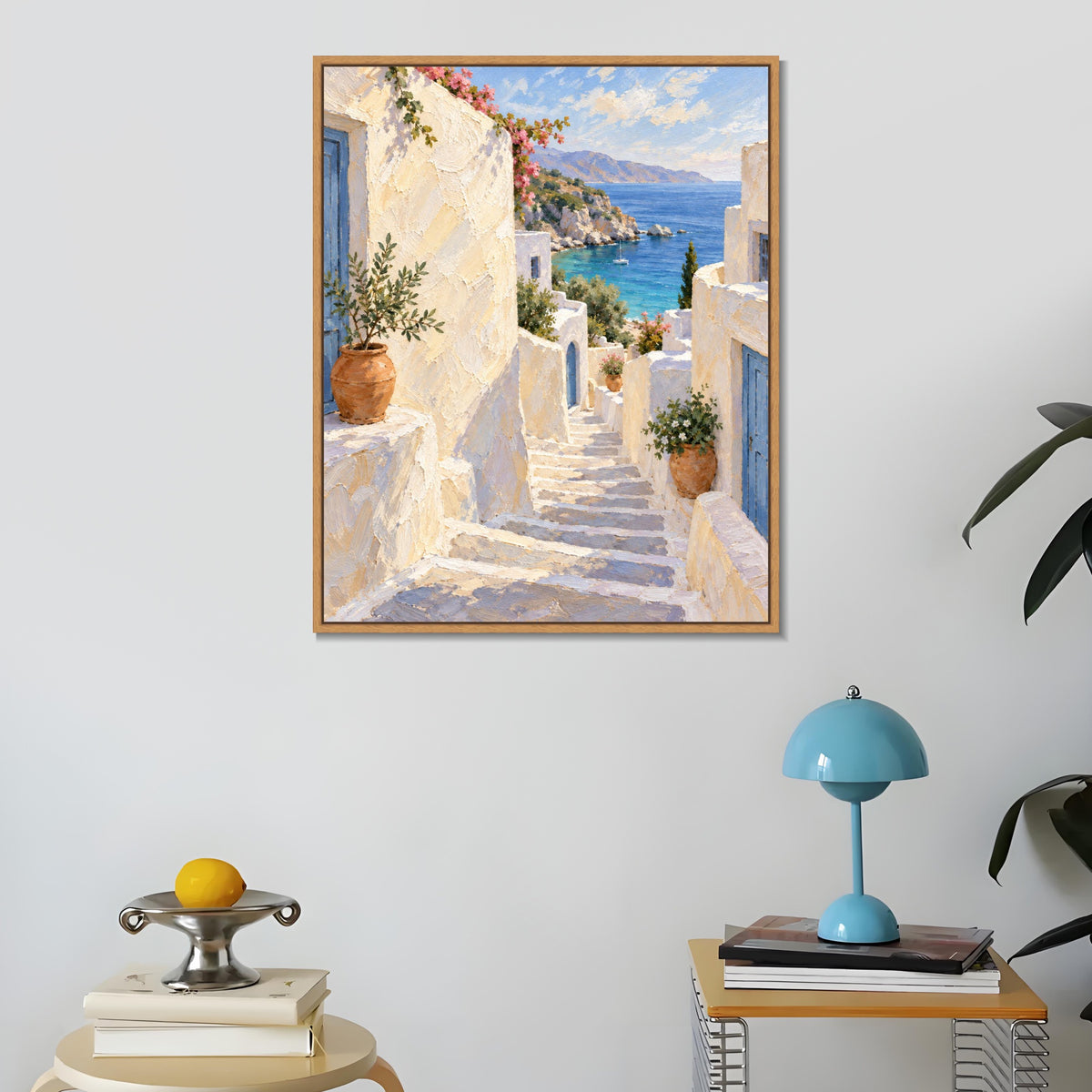 INVIN ART Framed Canvas 100% Handpainted Oil Painting White Steps to the Blue Sea Wall Art