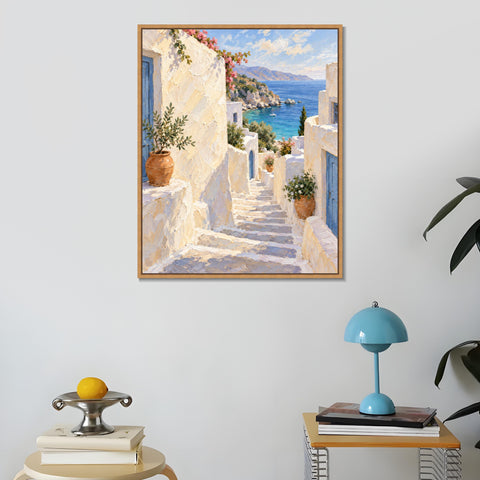 INVIN ART Framed Canvas 100% Handpainted Oil Painting White Steps to the Blue Sea Wall Art