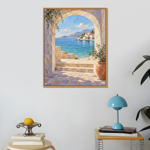 INVIN ART Framed Canvas 100% Handpainted Oil Painting Blue Sea Through the Stone Arch Wall Art