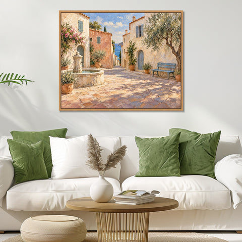 INVIN ART Framed Canvas 100% Handpainted Oil Painting Sunny Lane by the Fountain Wall Art