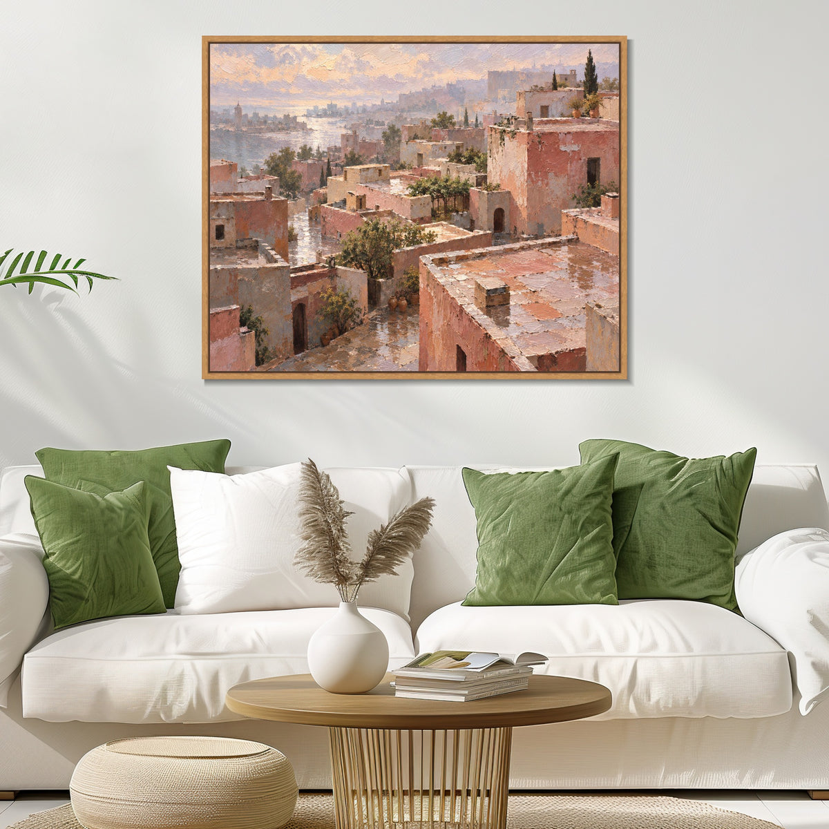 INVIN ART Framed Canvas 100% Handpainted Oil Painting Pink Rooftops Above the Sea Wall Art