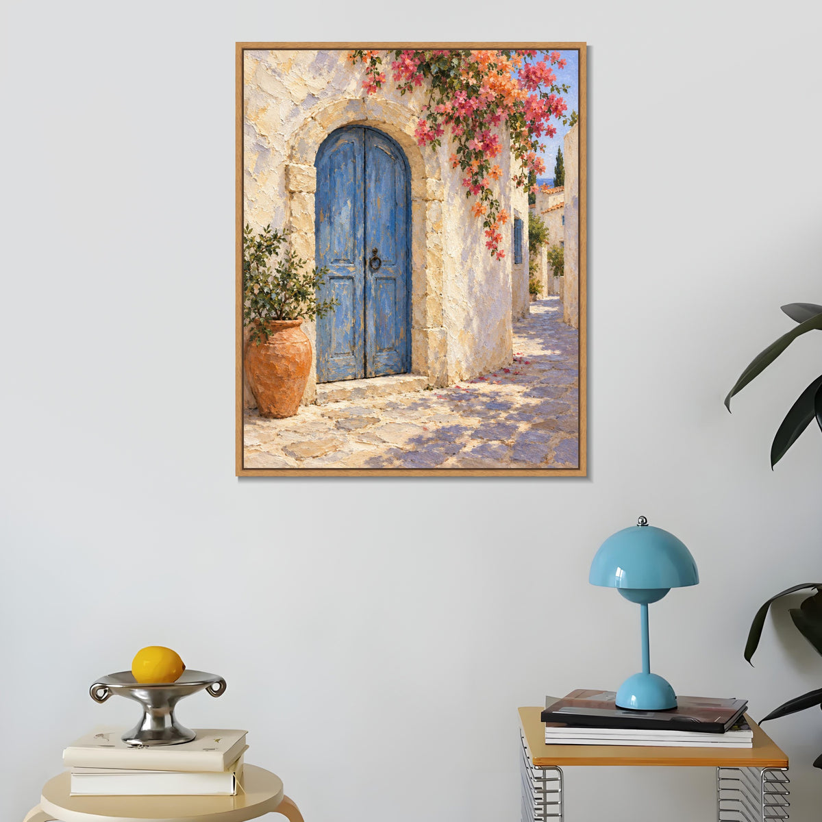 INVIN ART Framed Canvas 100% Handpainted Oil Painting Blue Door Beneath Blossoms Wall Art