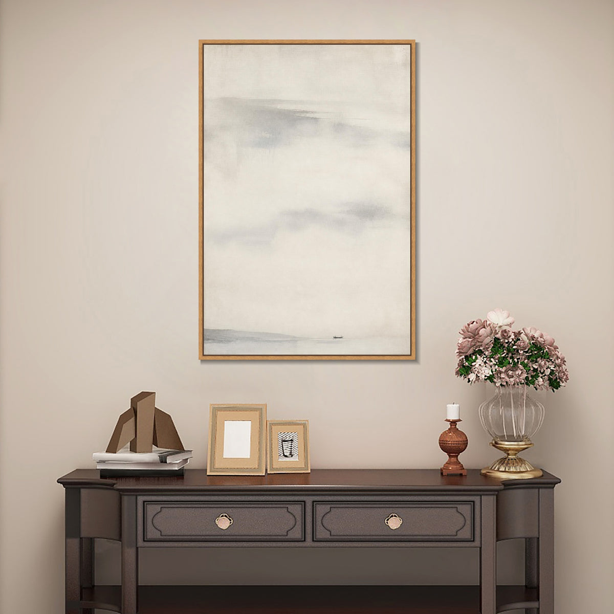 INVIN ART Framed Canvas 100% Handpainted Oil Painting Beyond the Lone Boat Wall Art